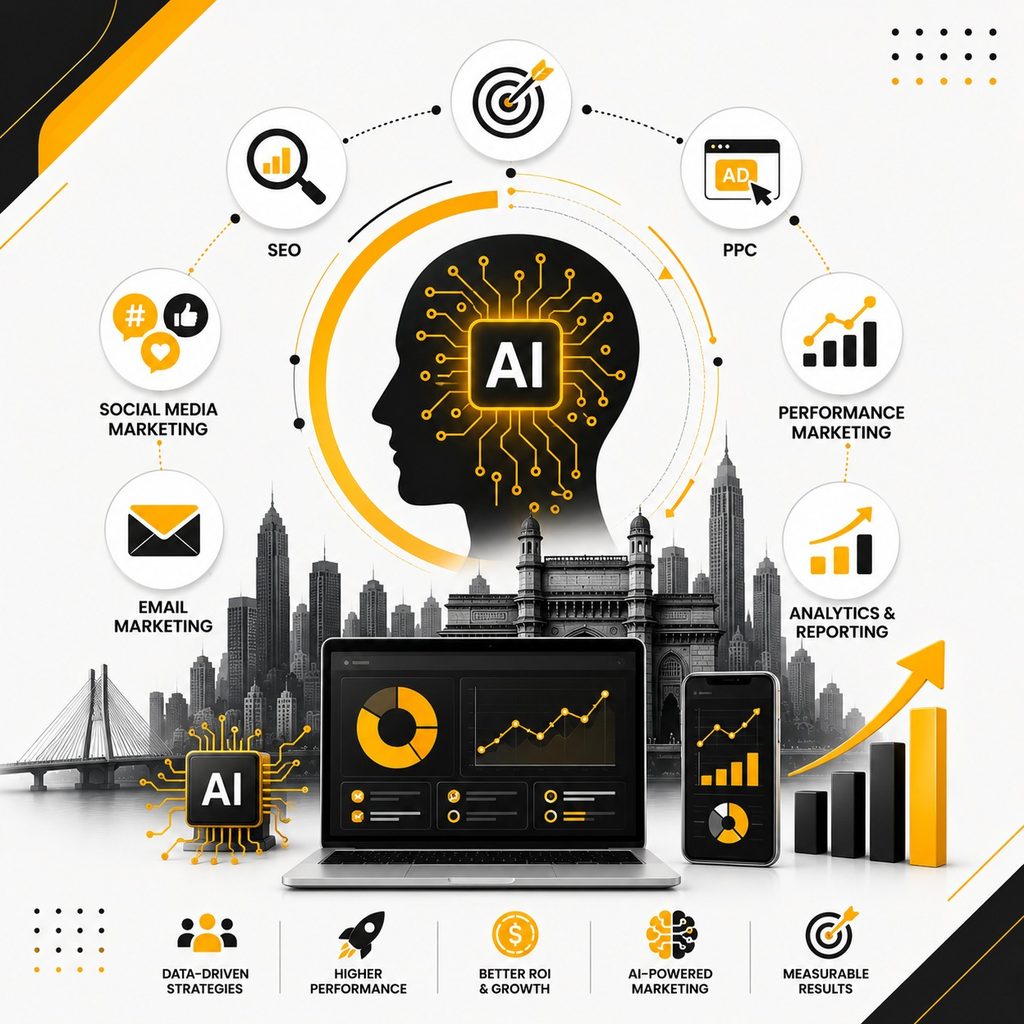 AI-powered digital marketing strategy featuring SEO, PPC, social media marketing, email marketing, performance marketing, analytics and reporting, with data-driven growth charts and Mumbai landmark