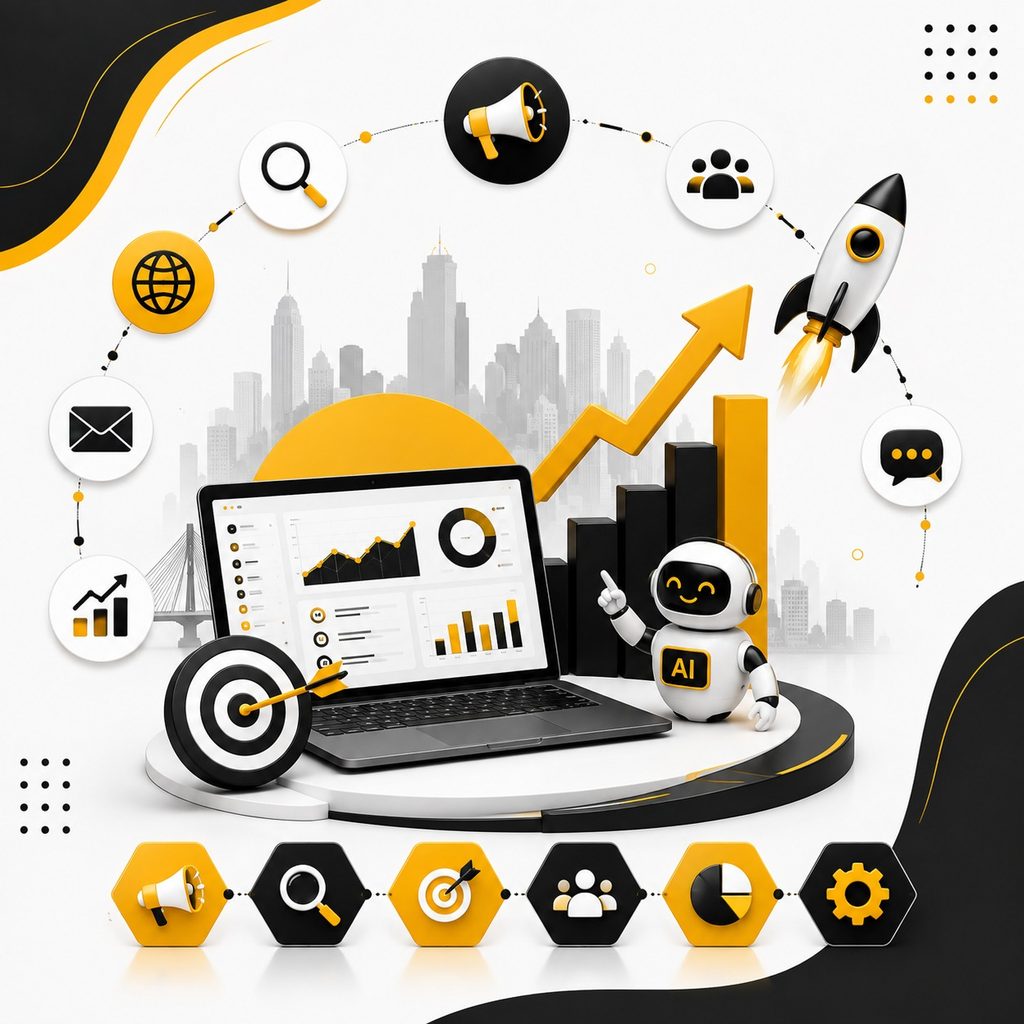 AI-powered digital marketing workspace with SEO, advertising, audience targeting, analytics, email marketing, and growth icons, featuring a laptop dashboard, AI robot, rising arrow, and city skyline.