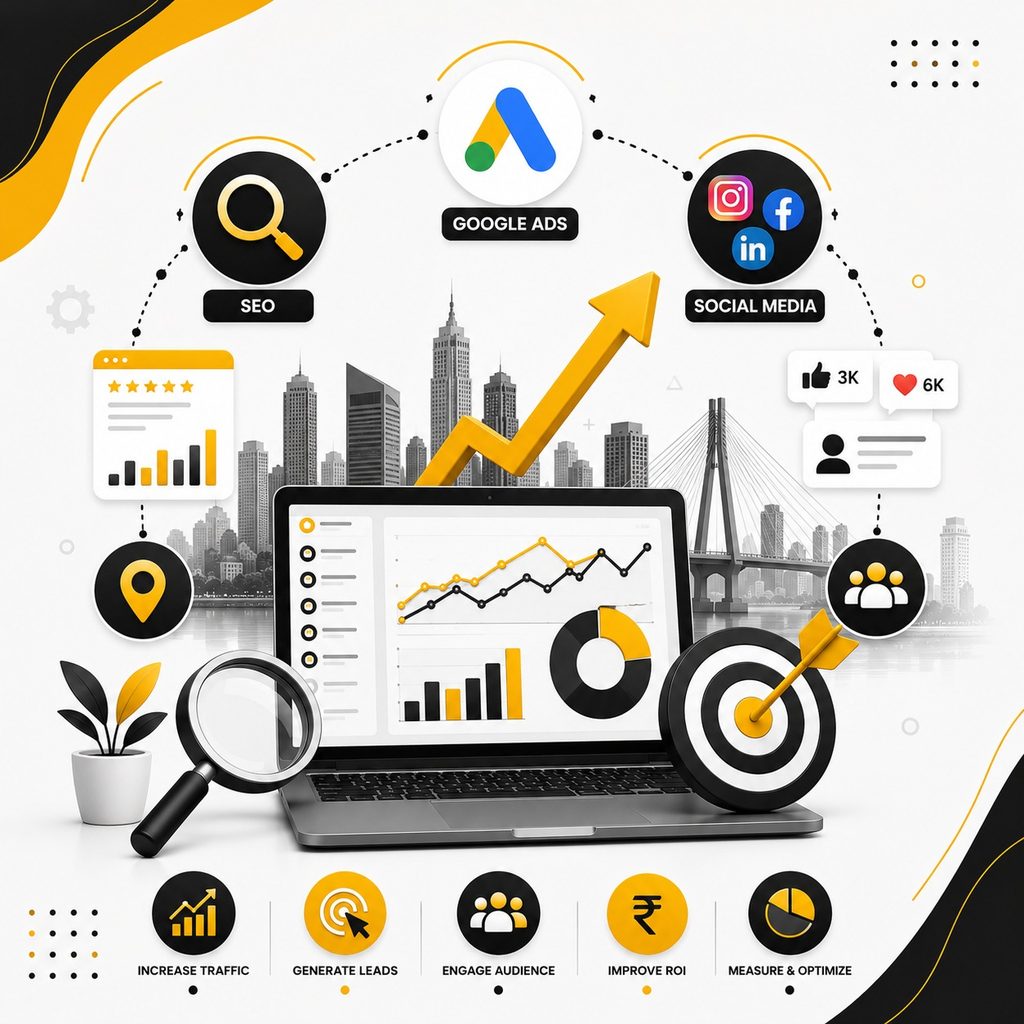 Digital marketing agency strategy featuring Google Ads, SEO, social media marketing, analytics, lead generation, audience engagement, traffic growth, and ROI optimization.