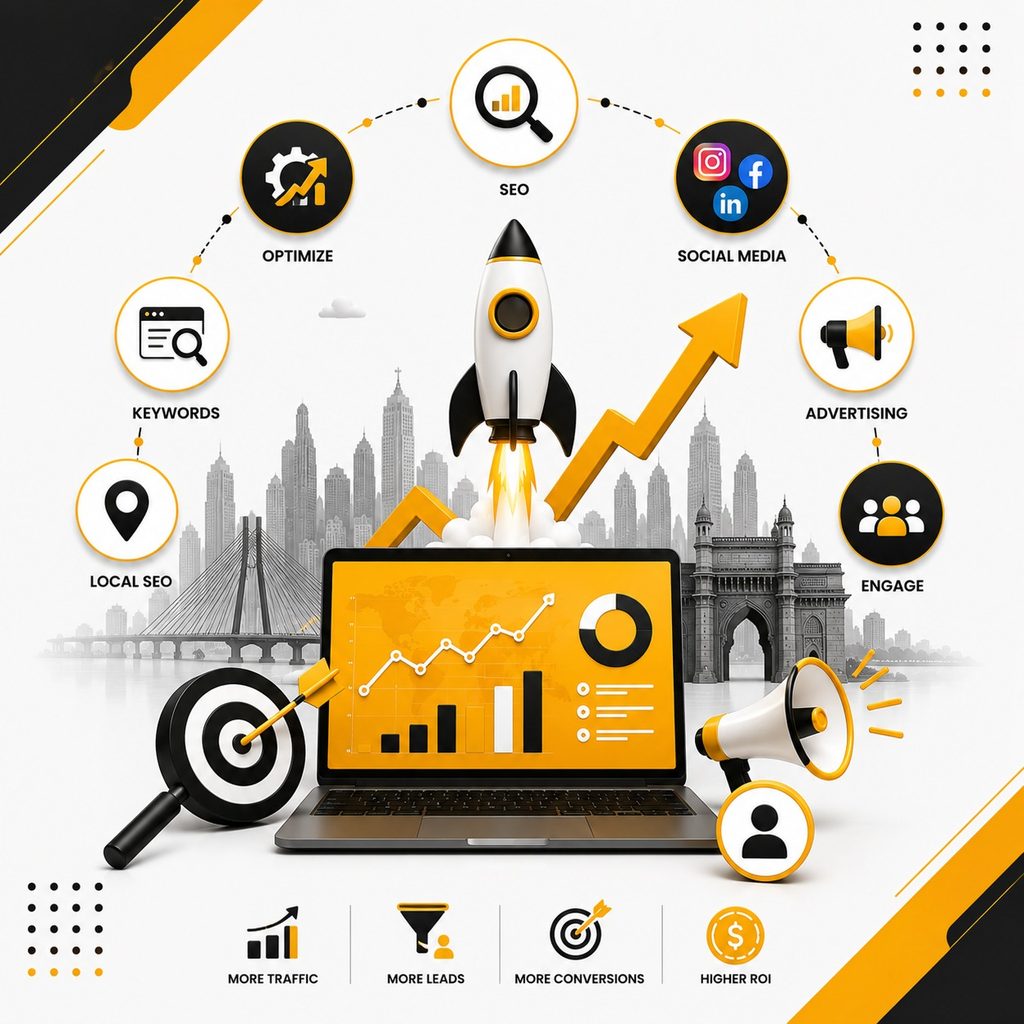 Digital marketing strategy featuring SEO, social media, advertising, local SEO, keyword optimization, audience engagement, conversions, traffic growth, and higher ROI with a Mumbai skyline.