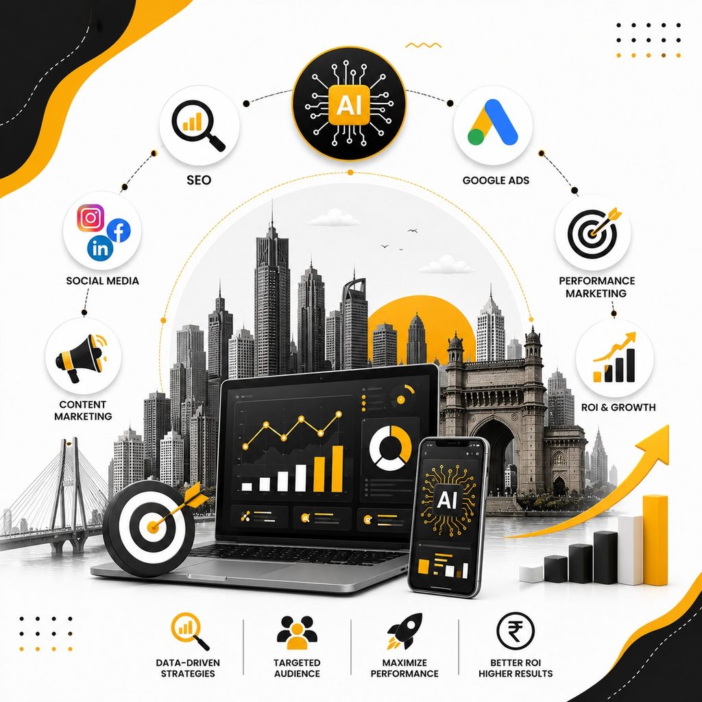 AI-powered digital marketing agency featuring SEO, Google Ads, social media, content marketing, performance marketing, ROI growth, analytics, and data-driven strategies with a Mumbai skyline.