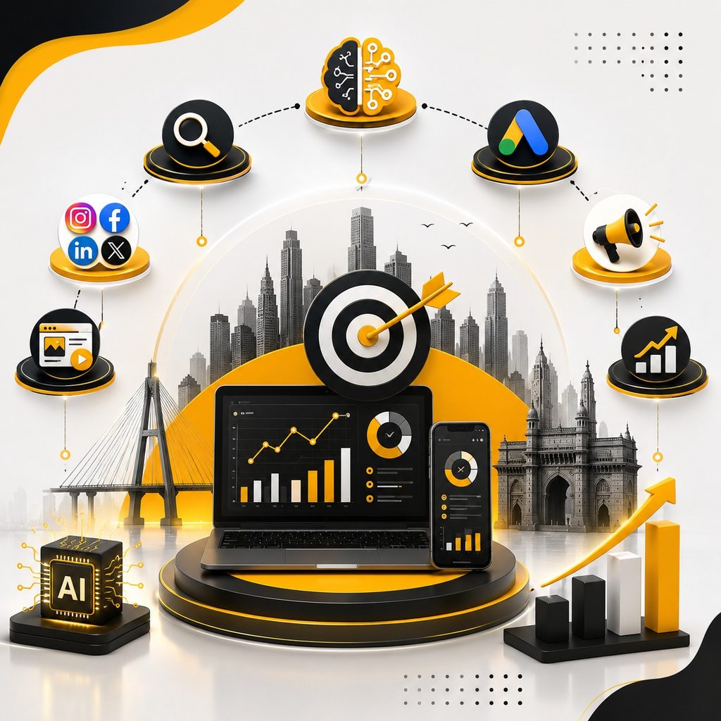 AI-powered digital marketing strategy with SEO, Google Ads, social media, content marketing, analytics, audience targeting, and performance growth, featuring a laptop dashboard and Mumbai skyline.