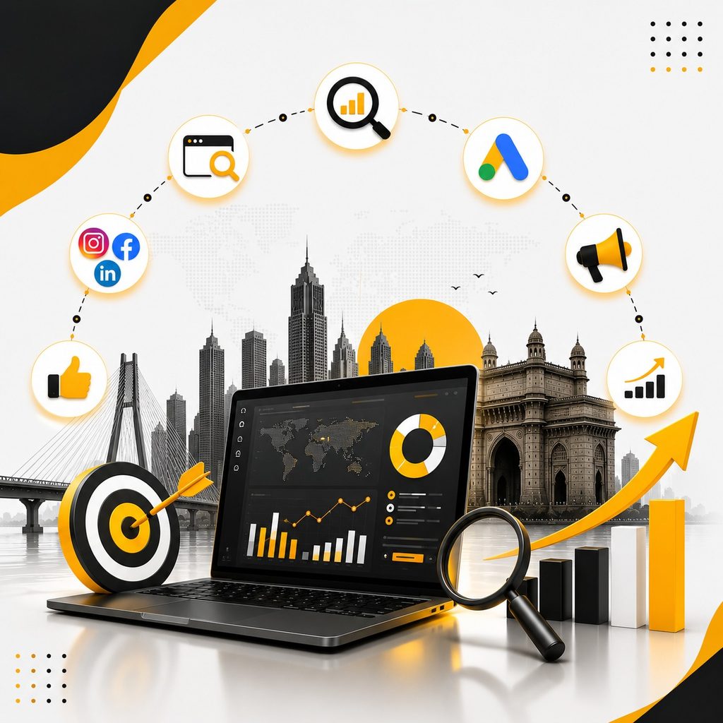 Digital marketing agency strategy featuring SEO, Google Ads, social media marketing, advertising, analytics, audience targeting, and growth charts with Mumbai landmarks.