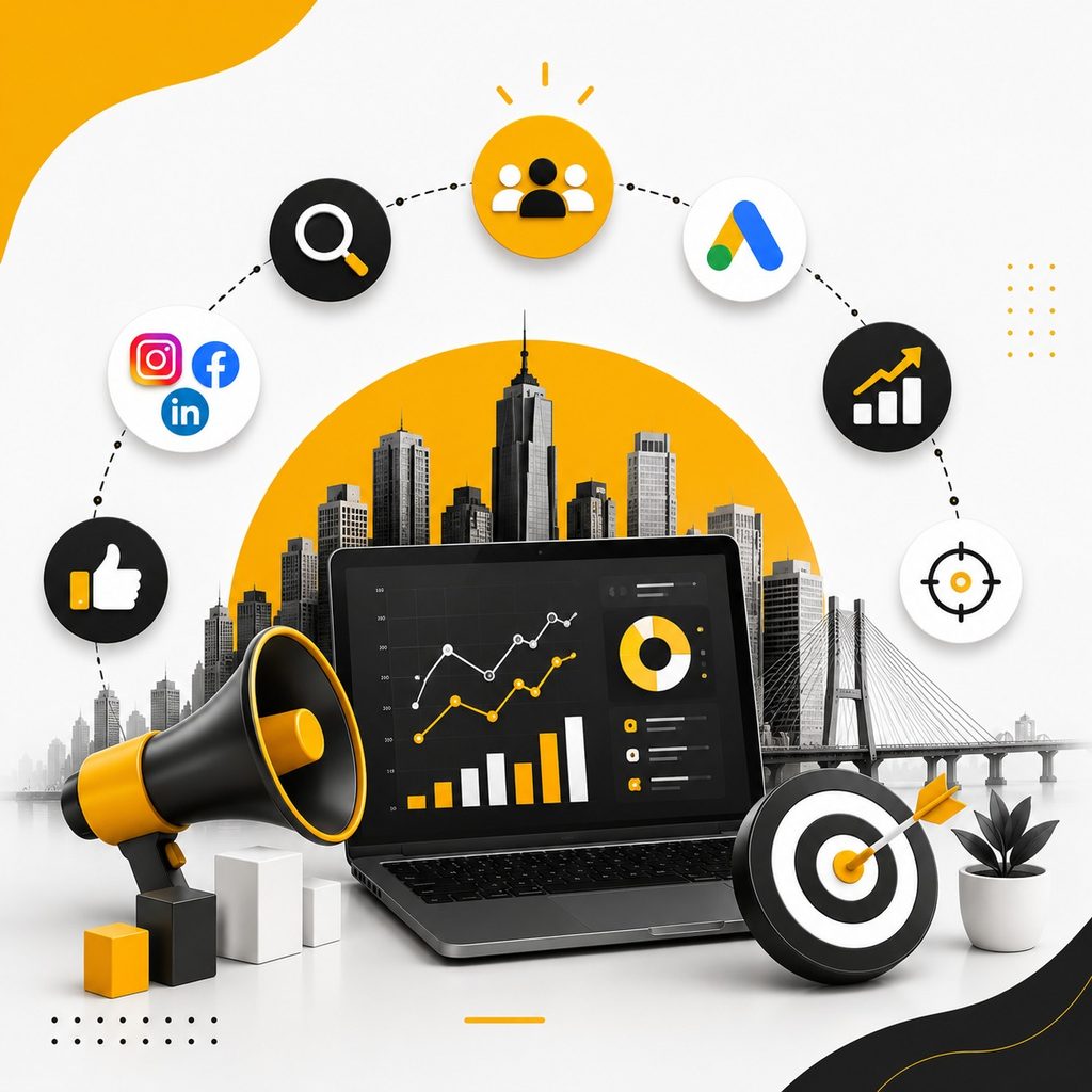 Digital marketing agency campaign featuring SEO, social media, Google Ads, audience targeting, analytics, engagement, and performance growth with a laptop dashboard and city skyline.