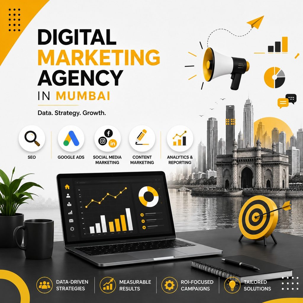 Digital marketing agency in Mumbai featuring SEO, Google Ads, social media marketing, content marketing, analytics, data-driven strategies, measurable results, and ROI-focused campaigns.