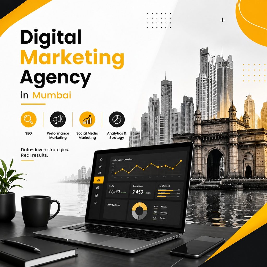 Digital Marketing Agency in Mumbai featuring SEO, performance marketing, social media marketing, analytics, data-driven strategies, and a performance dashboard with the Gateway of India skyline.