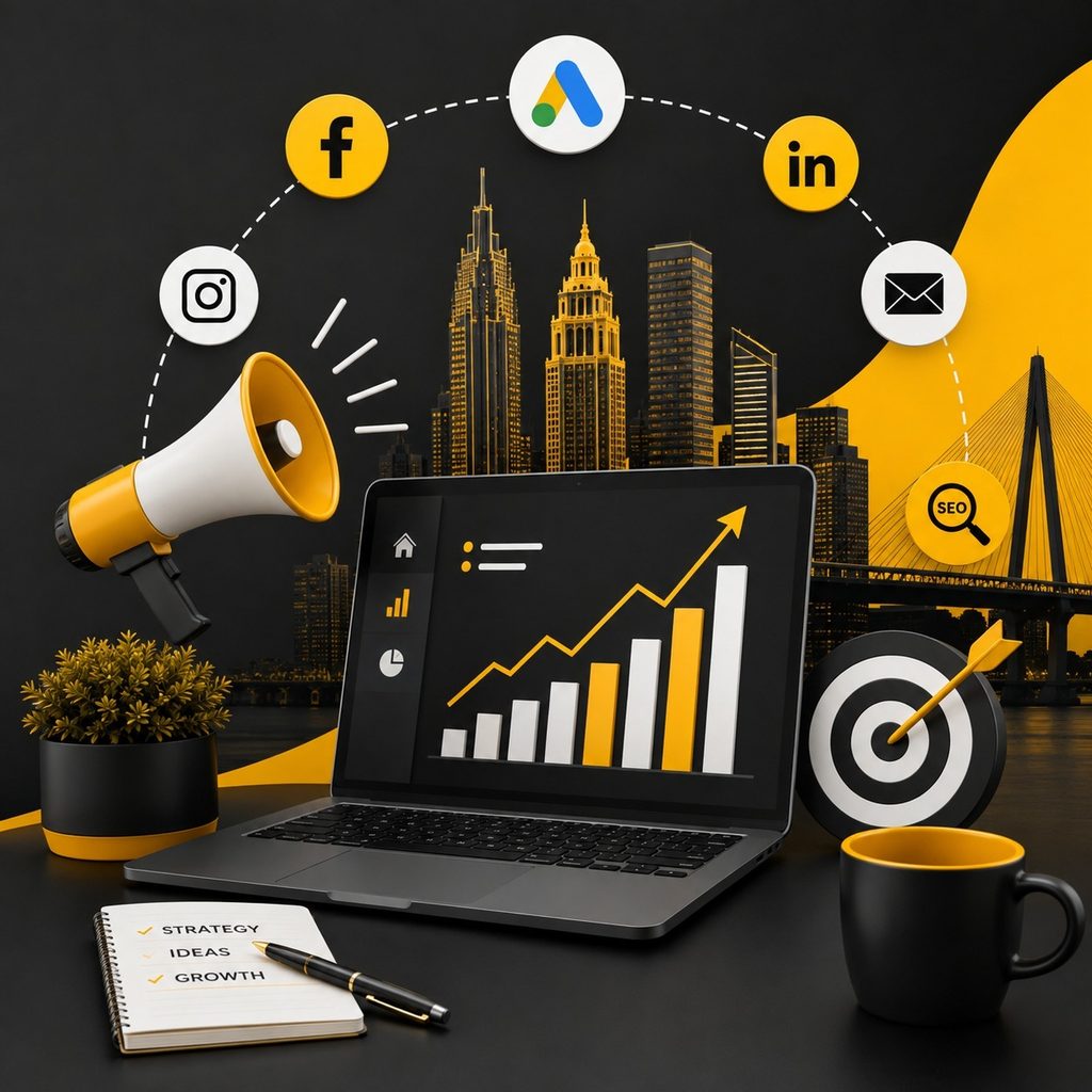 Digital marketing strategy with laptop showing growth analytics, SEO and social media icons, megaphone, target, and city skyline in black and yellow.