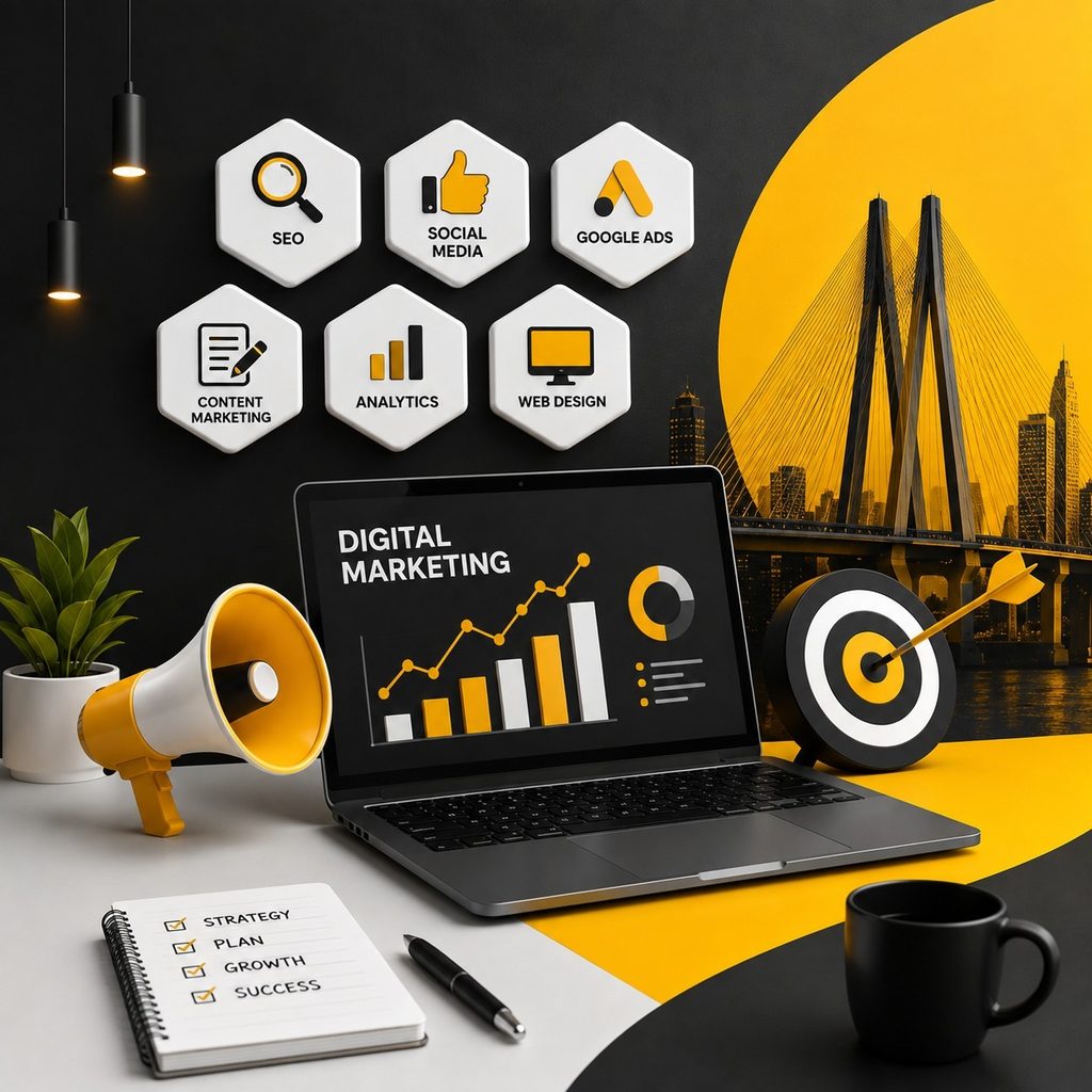 Digital marketing services featuring SEO, social media, Google Ads, content marketing, analytics, and web design with a laptop, growth chart, megaphone, target, and city skyline.