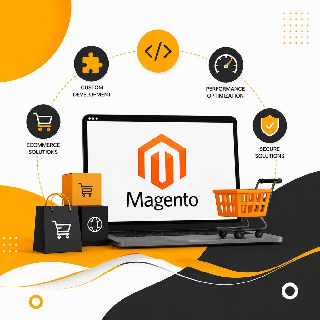 Magento eCommerce development featuring a laptop with the Magento logo, shopping cart, online store icons, and services for custom development, performance optimization, secure solutions, and eCommerce solutions.