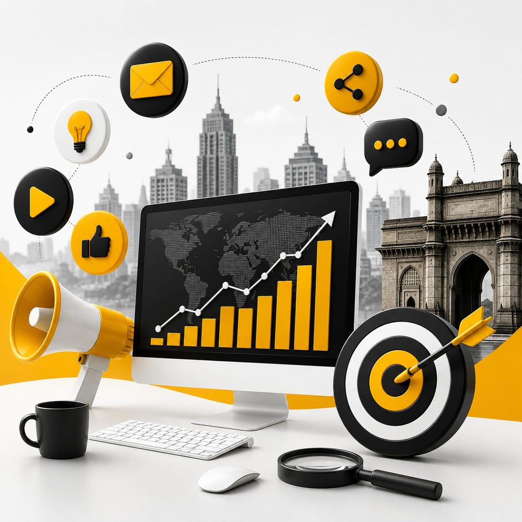 Digital marketing concept featuring a computer with growth analytics, megaphone, target, social media icons, and Mumbai’s Gateway of India.
