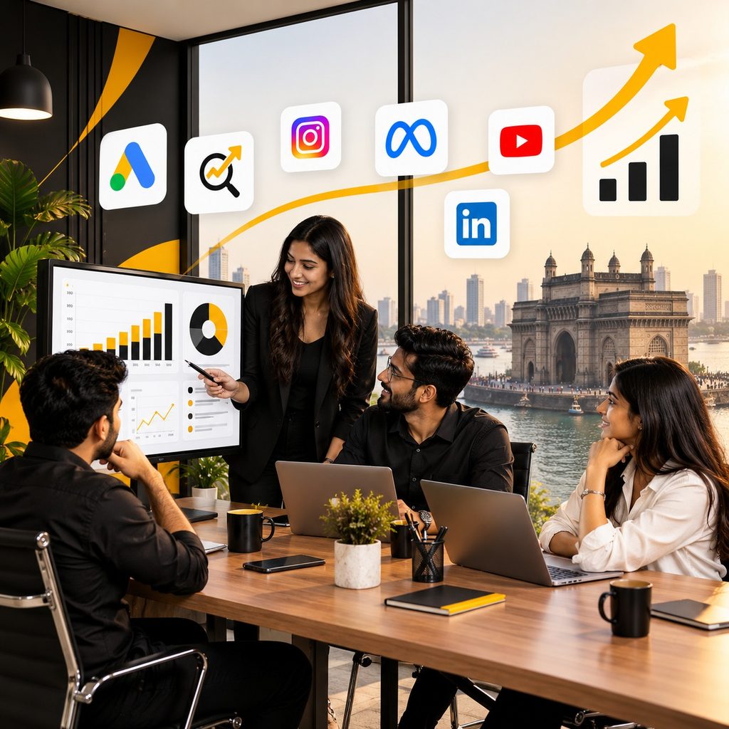 Digital marketing team in Mumbai analyzing campaign performance with Google Ads, Instagram, Meta, YouTube, and LinkedIn growth metrics.
