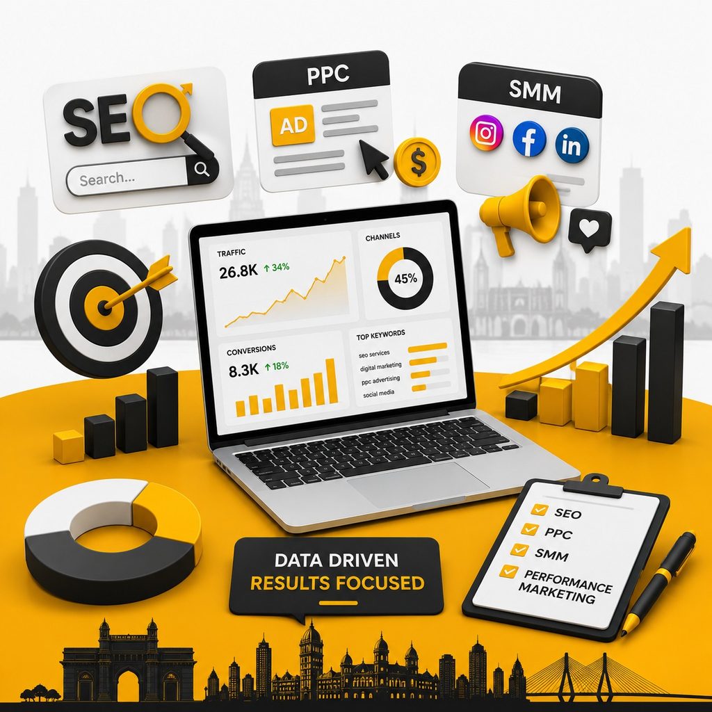 Digital marketing analytics dashboard showcasing SEO, PPC, social media marketing, performance marketing, traffic growth, conversions, and Mumbai landmarks.