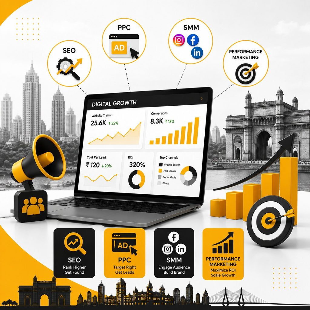 Digital marketing growth dashboard featuring SEO, PPC, social media marketing, performance marketing, ROI analytics, and Mumbai landmarks.