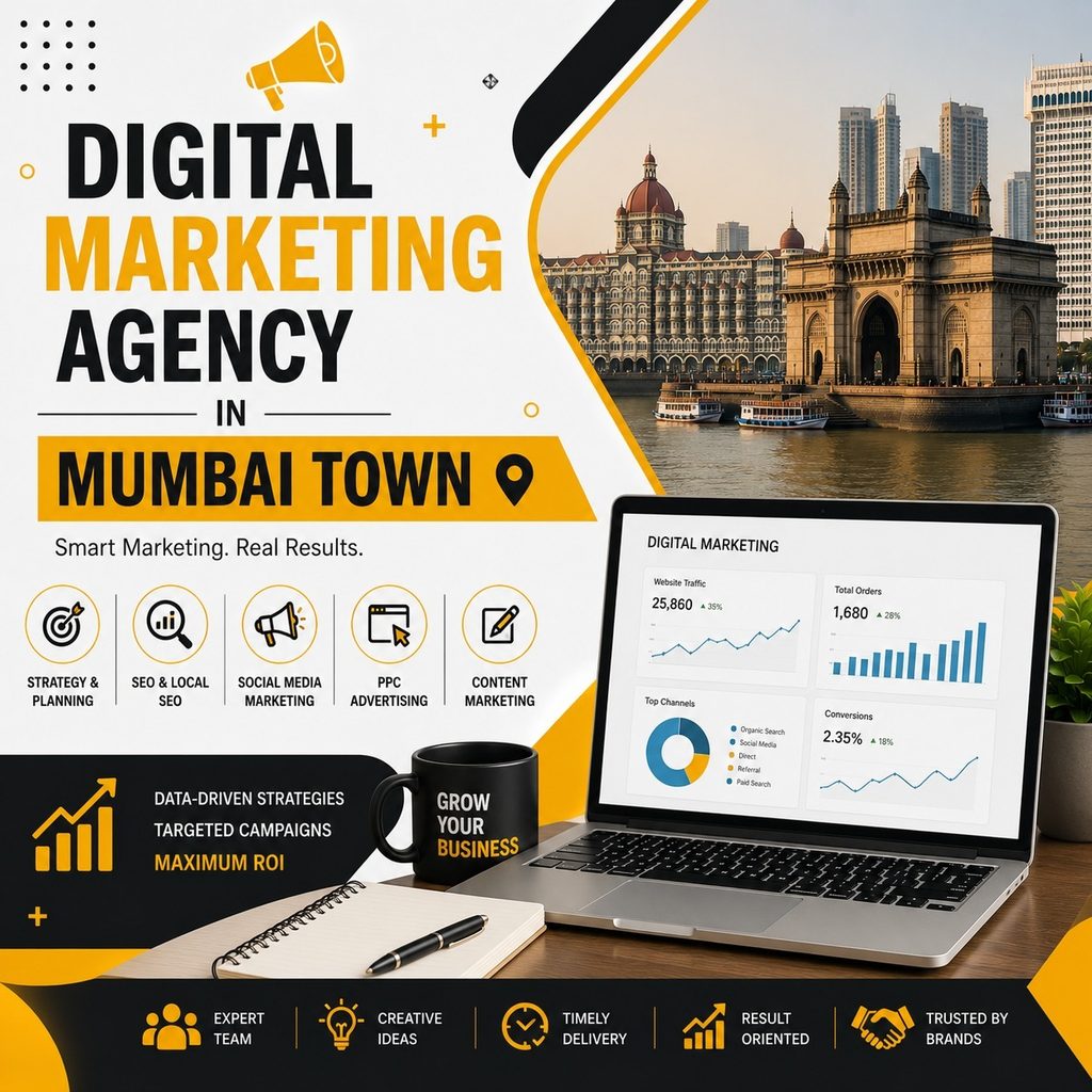 Digital marketing agency in Mumbai Town offering SEO, local SEO, social media marketing, PPC advertising, content marketing, and data-driven strategies.