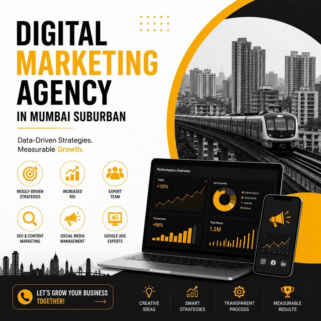 Digital marketing agency in Mumbai suburban offering SEO, social media management, Google Ads, data-driven strategies, increased ROI, and measurable business growth.