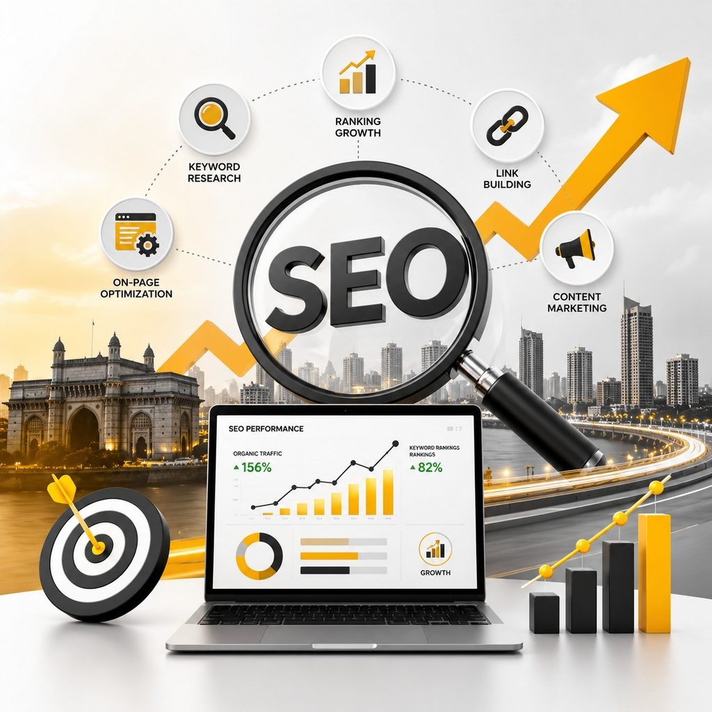 SEO services in Mumbai suburban featuring keyword research, on-page optimization, ranking growth, link building, content marketing, organic traffic growth, and SEO performance analytics.