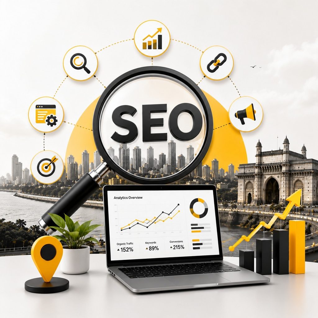 SEO services in Mumbai suburban featuring keyword research, on-page SEO, link building, content marketing, local SEO, website analytics, organic traffic growth, and improved search rankings.