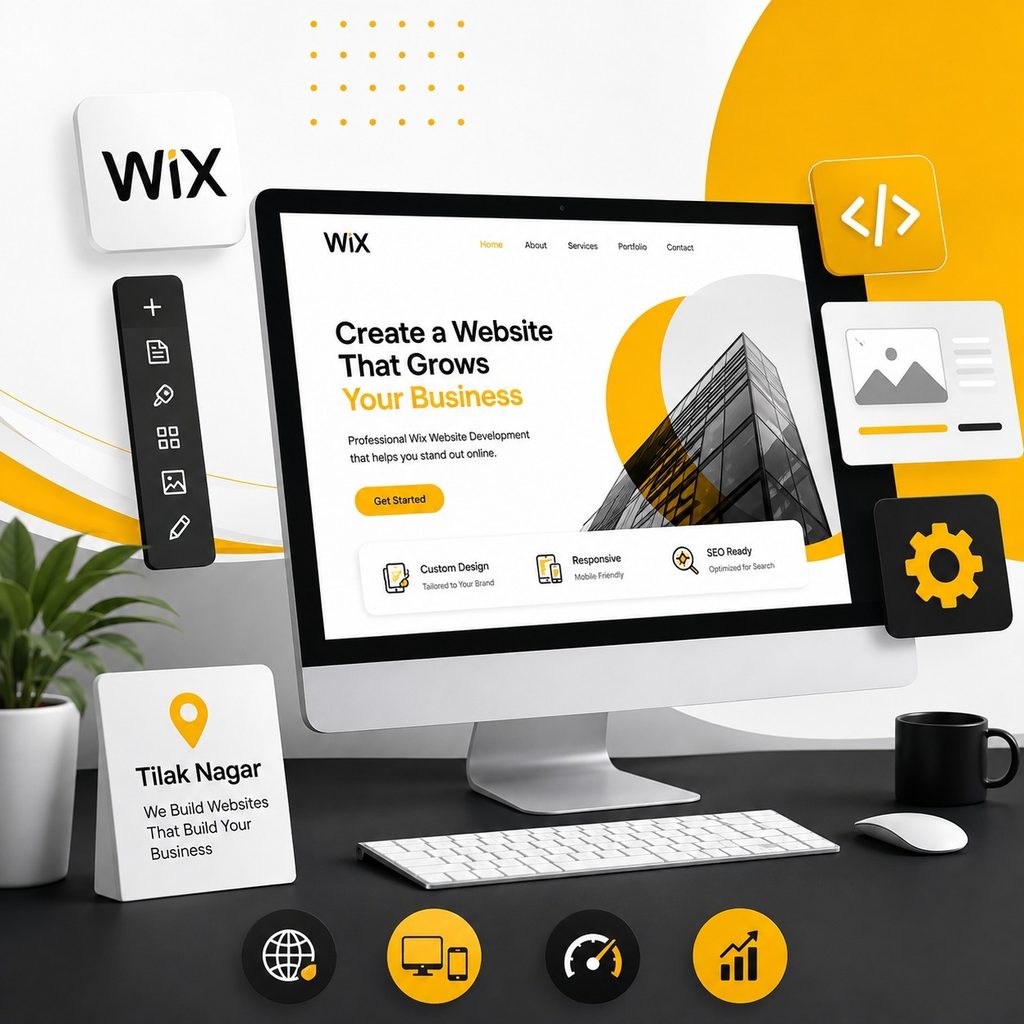 Wix website design and development displayed on a desktop monitor with web design, coding, SEO, responsive design, and business growth icons in a black, white, and yellow theme.