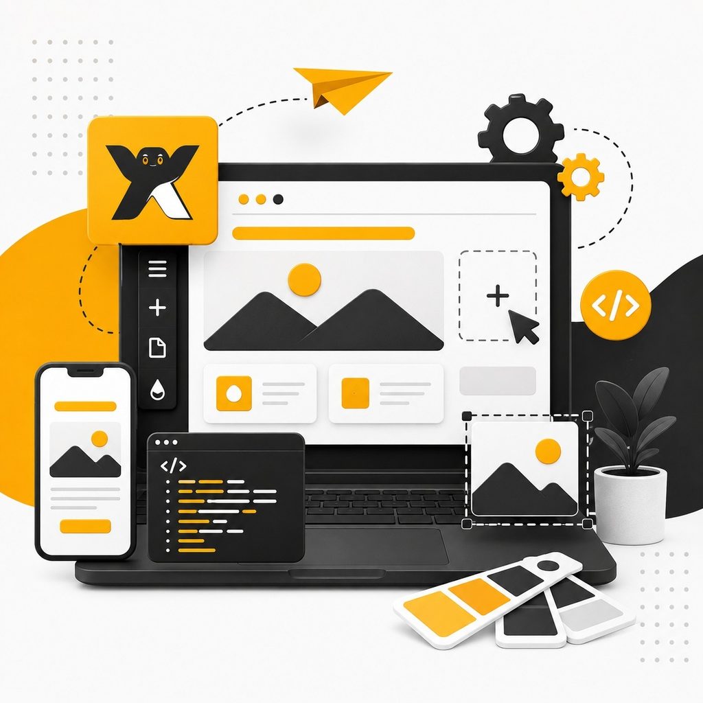 Modern website development illustration showing a laptop, mobile phone, coding interface, web design elements, settings icons, and responsive design graphics in a black, white, and yellow theme.